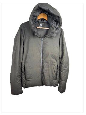 Uniqlo Mens Down Parka Jacket M Olive Green Windproof Hooded Full Zip Minimalist